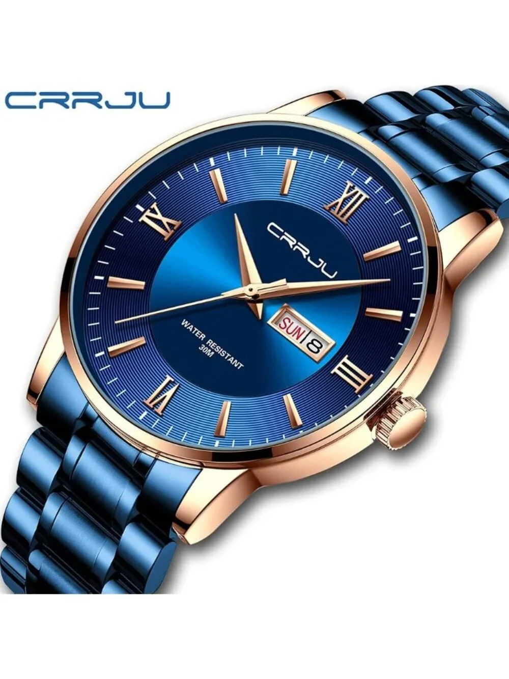 Mens Blue Rose Gold Luxury Stainless Steel Chronograph Analog Quartz Round Watch